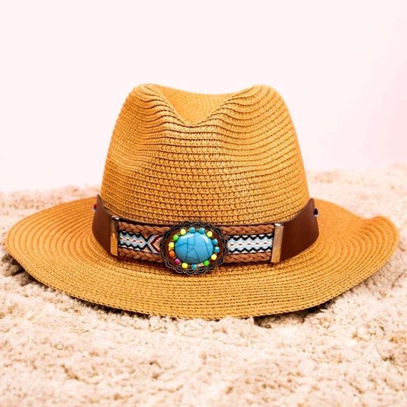 Accessories - Tan Straw Sun Hat. Faux Leather Band. Turquoise/Multi Color Stones.